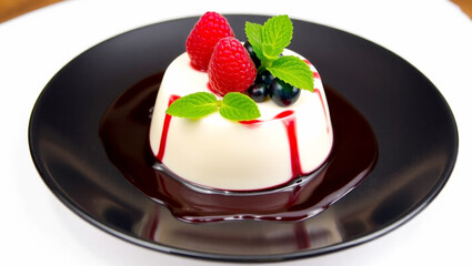 Elegant Panna Cotta Dessert with Fresh Berries and Mint Garnish