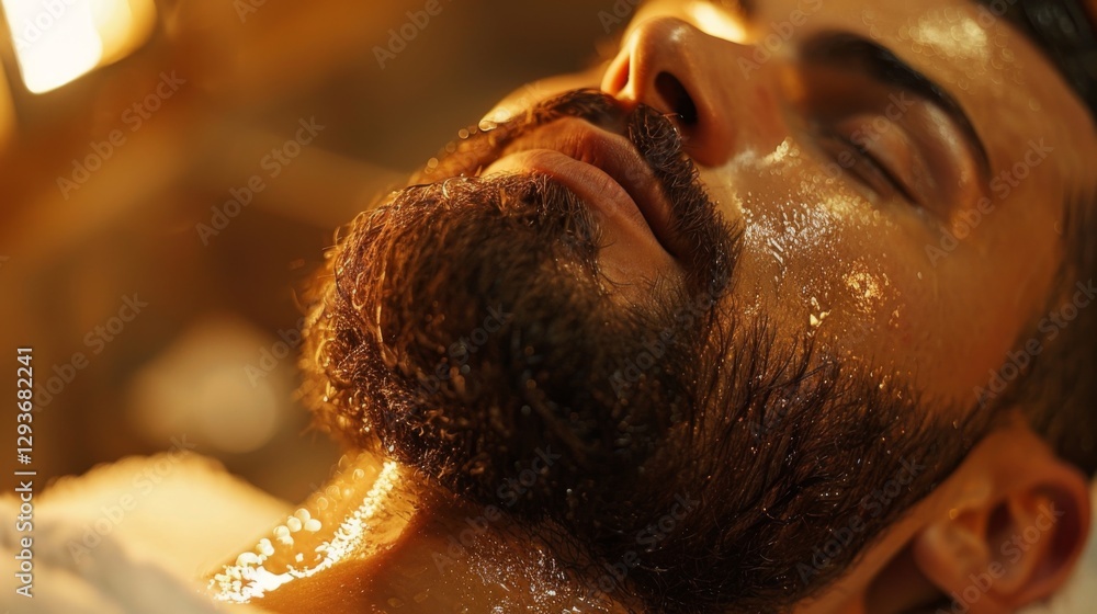 Poster a man is experiencing a facial treatment at a spa, enjoying the soothing application of a skincare p