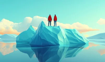 Fototapete Two explorers standing on iceberg in serene polar landscape with reflections © Vergiliy