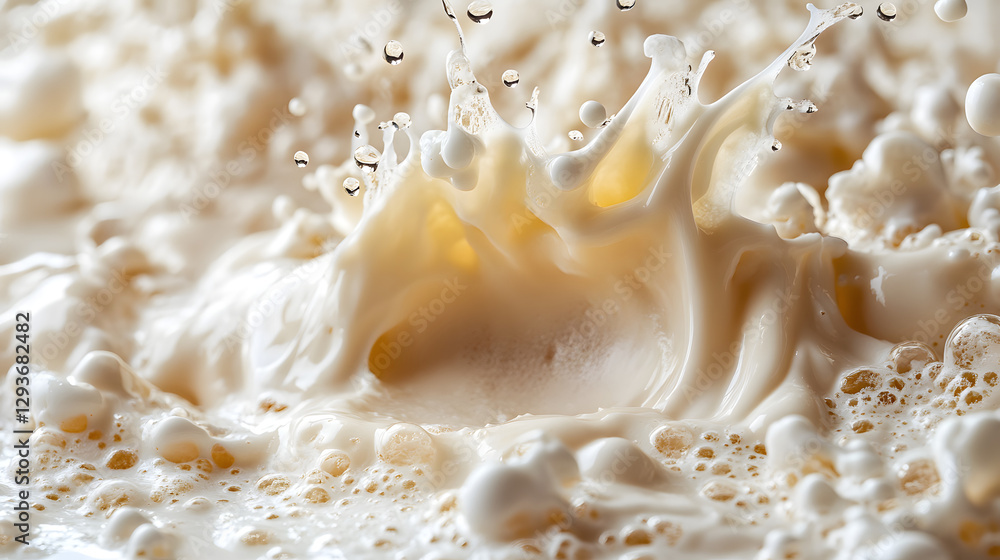 Poster liquid burst: capturing the dynamic splash of a creamy liquid, showcasing the interplay of light and