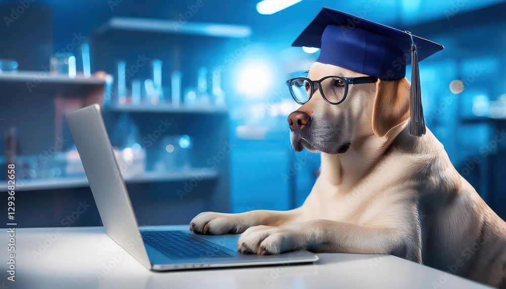 Poster labrador in spectacles and cap diligent researcher in a modern setting, captured at twilight with a 