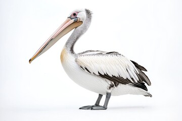 A pelican standing on a white surface