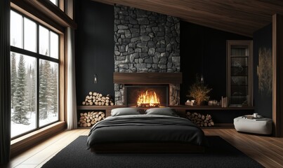 Cozy modern bedroom with stone fireplace and winter landscape view