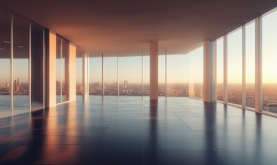 Fototapeta premium Modern empty office space with panoramic city view at sunset