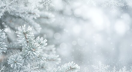 Silver Ornaments and Snowy Fir Branches on Grey Winter Background
