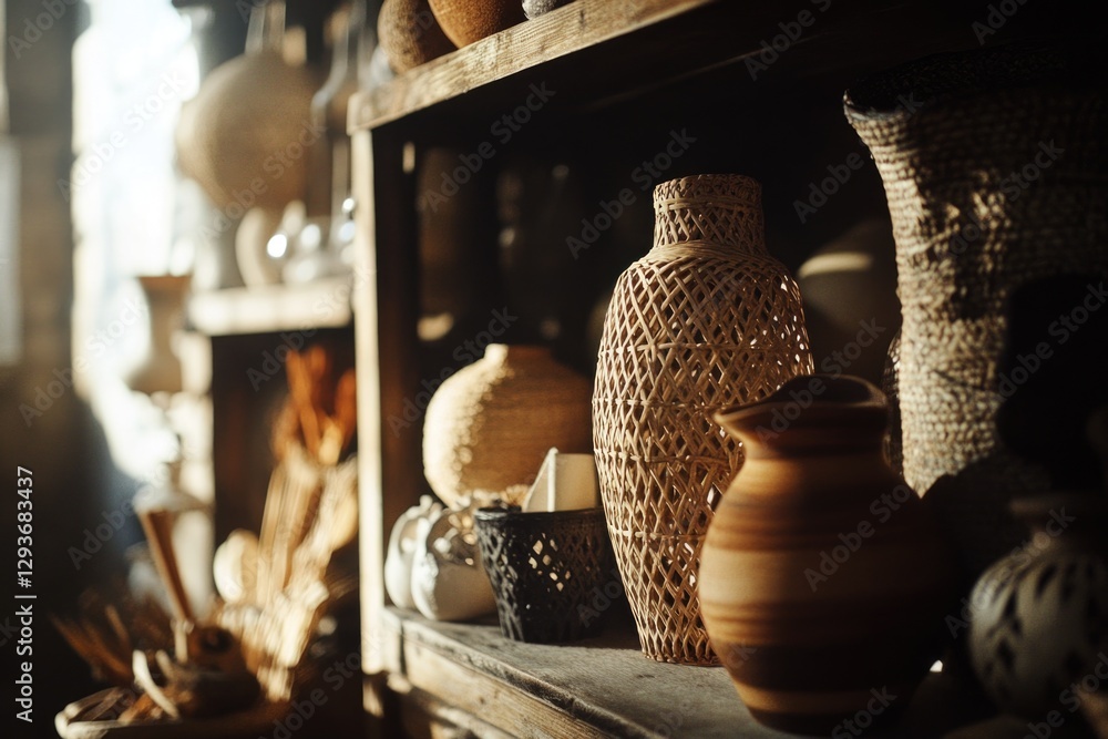 Poster a shelf filled with various vases