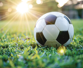Sunlit soccer ball resting on vibrant green grass at dusk