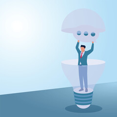 A man holds up a chat icon inside a lamp. Illustration for suggestions, criticisms and tips and tricks.