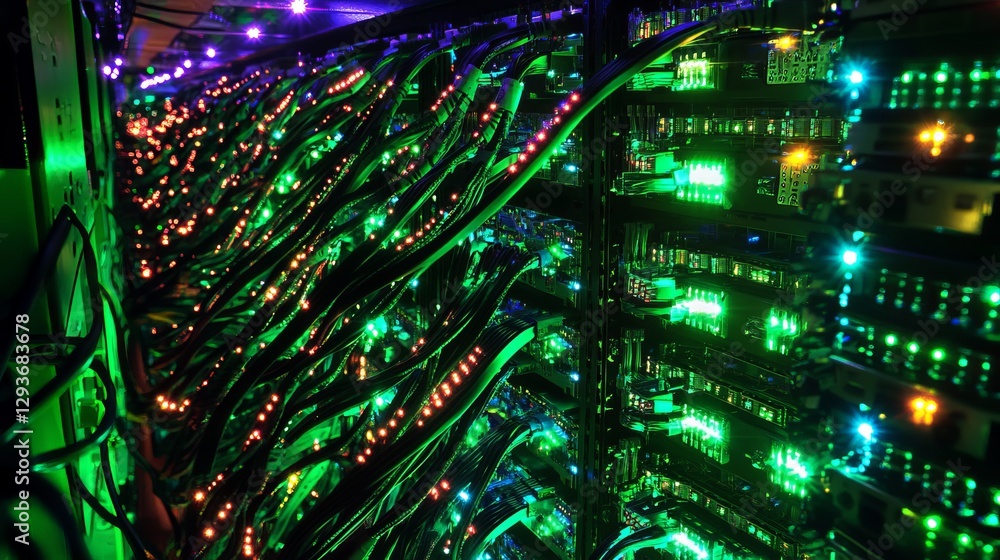 Poster abstract green network server technology digital background modern data center illuminated cables fu