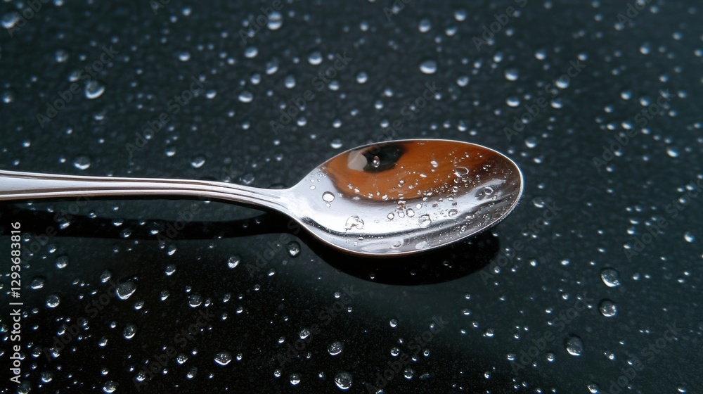 Poster a spoon with ice cream on a mirror background (double reflection effect) .