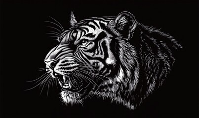 Realistic black and white tiger illustration showcasing fierce expression and detailed fur