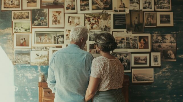 A couple stands in front of a wall decorated with framed photographs showcasing moments and memories