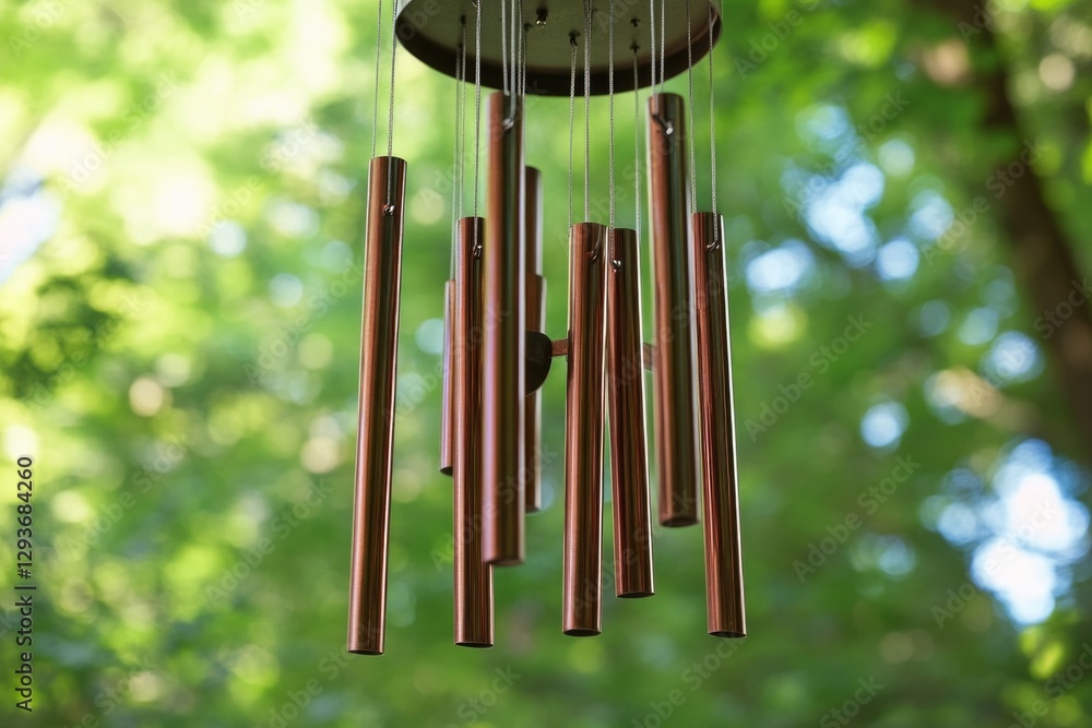 Aufkleber a close-up of a wind chime hanging from a tree branch, with intricate details and subtle motion