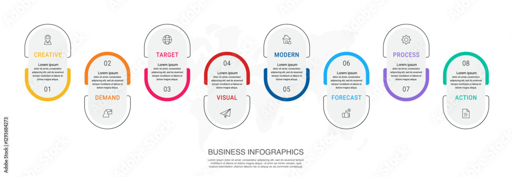 Poster vector line infographics with 8 circles. business concept graphic process template with eight steps.