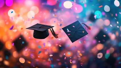 Two Black Graduation Caps Falling Amidst Colorful Confetti and Bokeh Lights