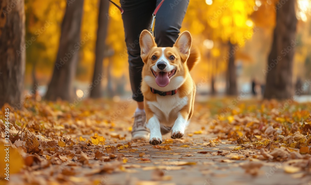 Poster corgi running joyfully on autumn path surrounded by colorful leaves