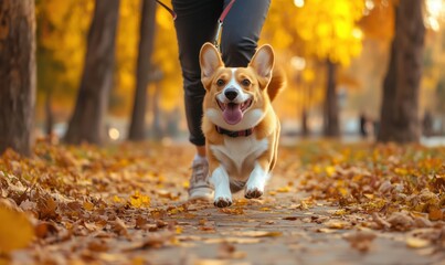 Fototapeta premium Corgi running joyfully on autumn path surrounded by colorful leaves