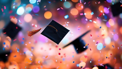 Flying Graduation Caps with Confetti and Colorful Bokeh Lights