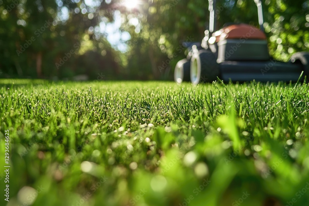 Poster a lawn mower is placed on the edge of a vibrant green field, providing a simple yet effective image 