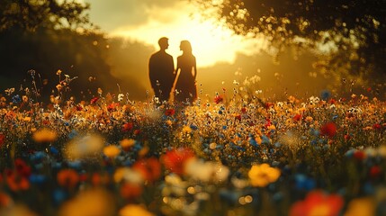 A field of wildflowers with a couple in the distance, natural romance theme 