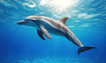 Obraz premium Dolphin swimming gracefully in clear blue ocean waters with sunlight filtering through
