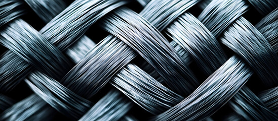 Close up of a symmetrical silver metallic wicker texture Detailed background of a volumetric steel surface Abstract gray braided wire in macro Surreal shape with copyspace Unique black and white ar