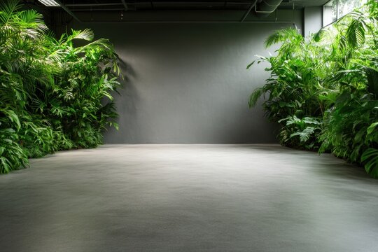 Lush greenery frames an empty space, creating serene and invitin