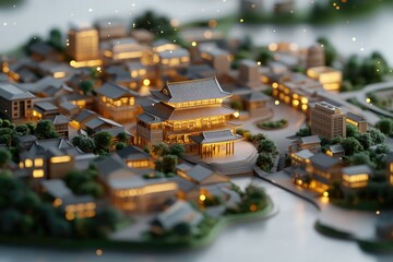 Miniature village illuminated at dusk, showcasing intricate arch