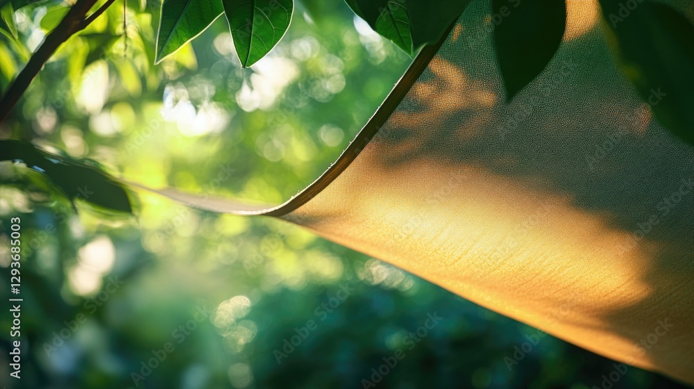 Poster A close-up view of a cloth hanging from a tree branch, with leaves and branches surrounding it