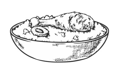 Hand-drawn biryani sketch illustration. Vintage-style etching, perfect for packaging, prints, menus, and digital designs.