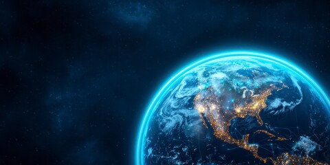 Obraz premium Digital illustration of earth from space with glowing network connections and satellite view of the planet