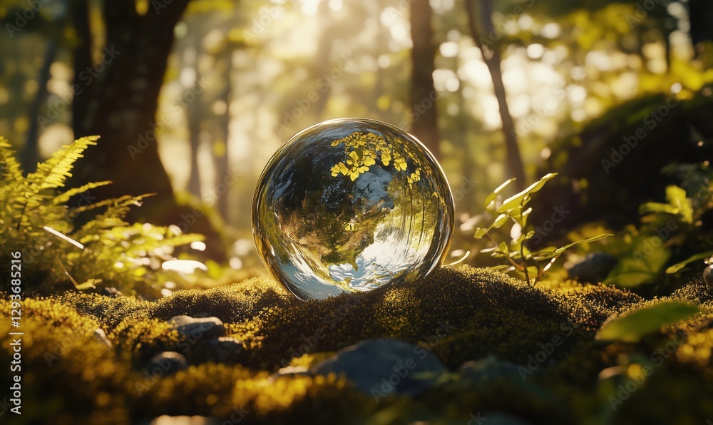 Poster reflective glass sphere in serene forest setting with sunlight filtering through trees