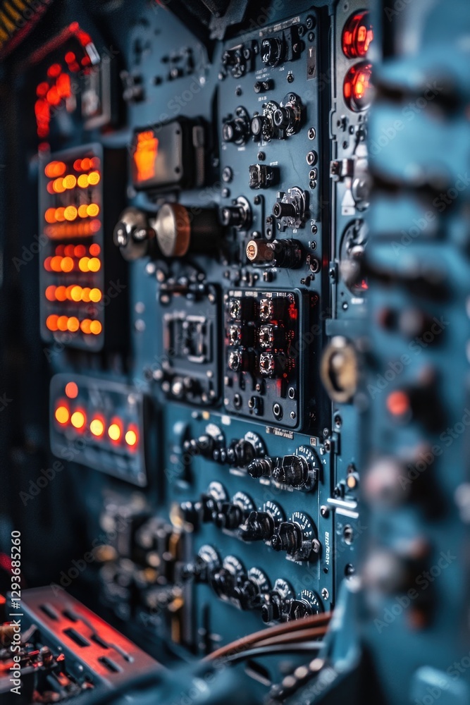 Poster A close-up view of the control panel inside an airplane, showing various buttons and instruments
