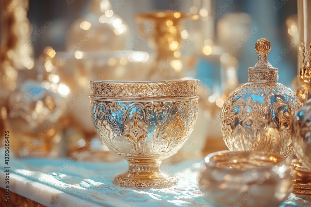 Poster a collection of silver and gold vases displayed on a table, suitable for use in decorative or design