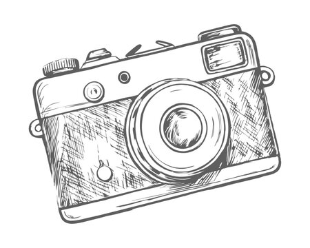 Hand-drawn retro photo camera sketch illustration. Vintage-style etching, perfect for packaging, prints, menus, and digital designs.