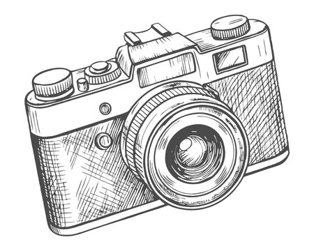 Hand-drawn retro photo camera sketch illustration. Vintage-style etching, perfect for packaging, prints, menus, and digital designs.