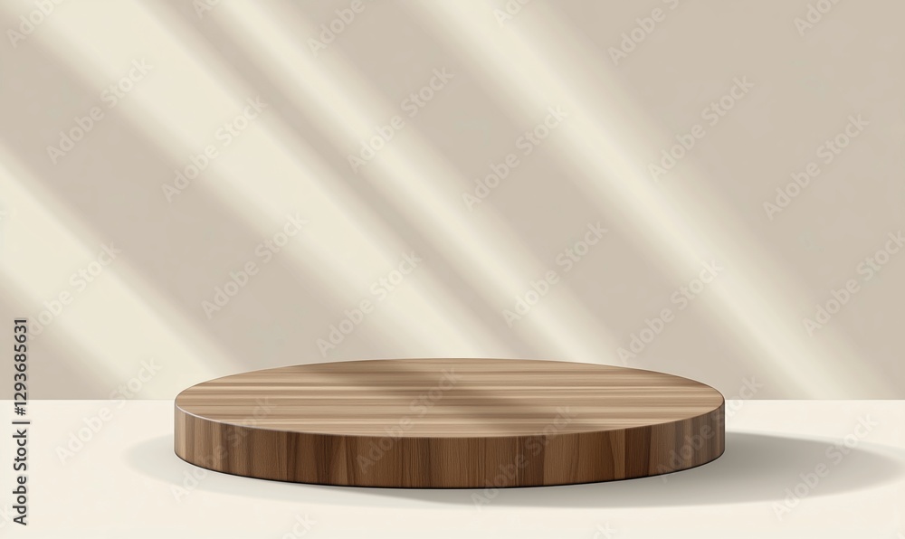Poster minimalist wooden display platform with soft shadows and neutral background