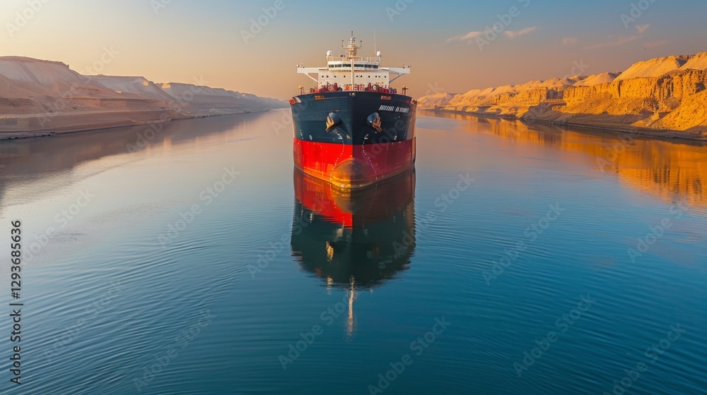 Poster a large cargo ship makes its way through the suez canal with cliffs reflecting in the calm water as 