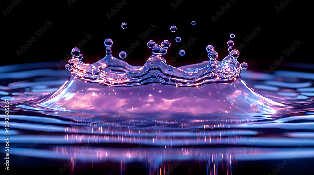 Poster purple water drop splash: a vibrant purple water drop creates a mesmerizing splash, sending ripples 
