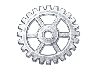 Hand-drawn gear cog sketch illustration with fine lines and shading. Vintage-style etching, perfect for engineering designs, logos, and prints. High-quality vector art.