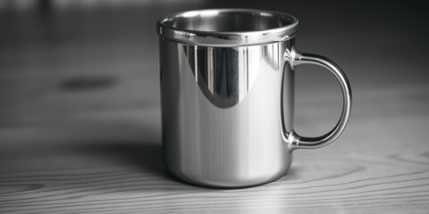 Elegant Silver Rim Mug, Wooden Texture, Monochrome Close-up