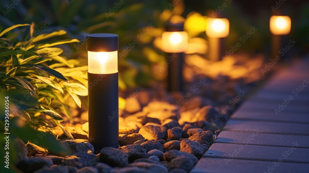 Poster a row of lights in a serene garden setting at night, perfect for use as a background or to add ambia