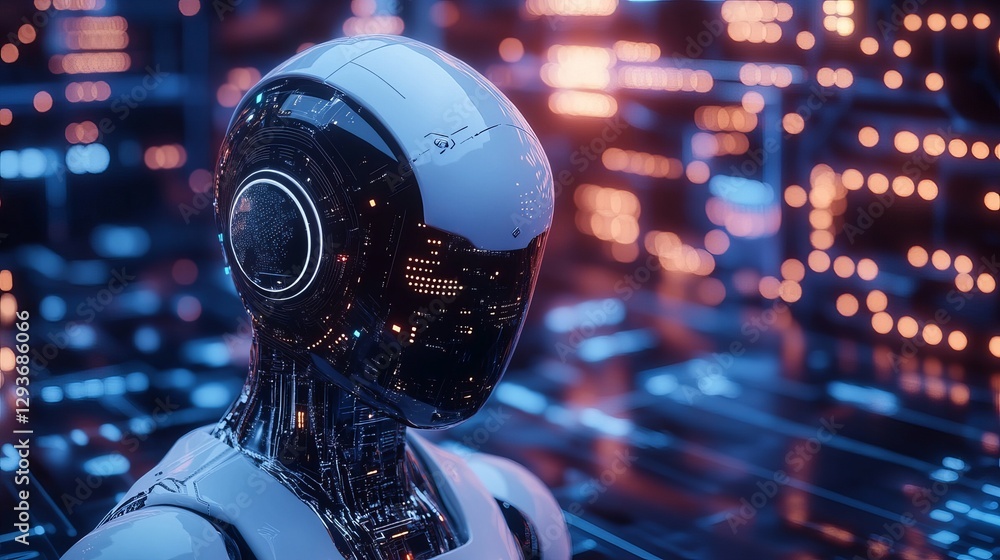 Poster futuristic robot head advanced technology digital art neon lights sci fi cyborg artificial intellige