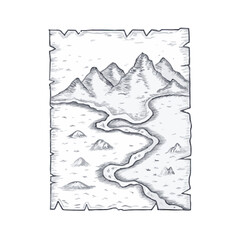 Hand-drawn old map sketch illustration with fine lines and intricate details. Vintage-style etching, perfect for prints, decor, and adventure-themed designs. High-quality vector art.