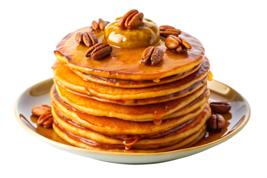 a delicious plate of pumpkin pecan pancakes image isolated on a transparent background