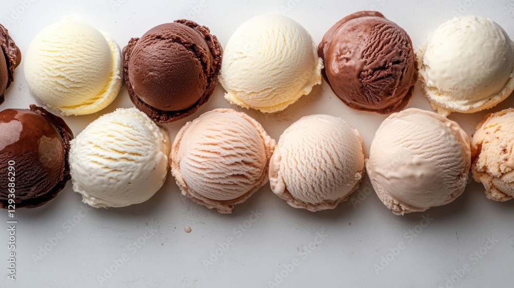 Poster an orderly composition of scoops of various ice cream on a light background .
