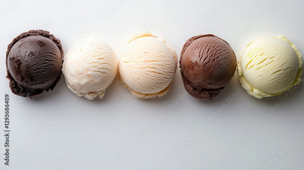 Poster an orderly composition of scoops of various ice cream on a light background .