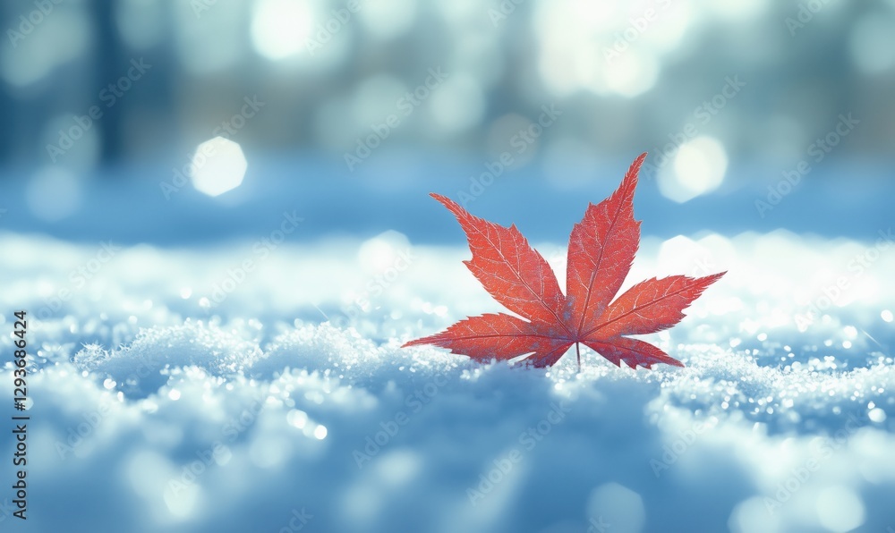 Poster red maple leaf on snow with blurred background creating a serene winter atmosphere