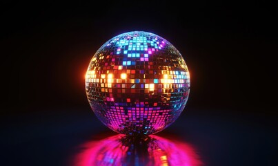 Colorful disco ball reflecting vibrant lights in dark background