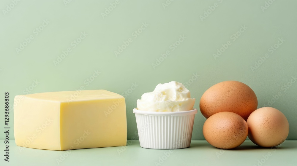 Aufkleber delightful dairy breakfast arrangement featuring boiled eggs a block of cheese and yogurt cups metic